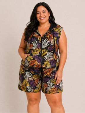 Tropical Leaf Print Zip-Up Hoodie Vest And Shorts Set